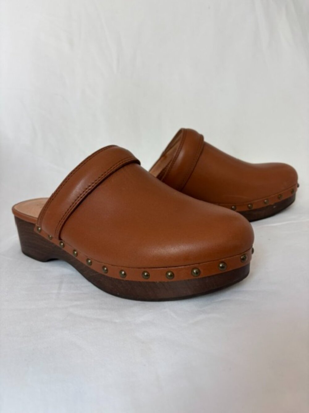 Madewell Studded The Cecily Clogs in English Saddle Leather Faux Wood Sole 6.5